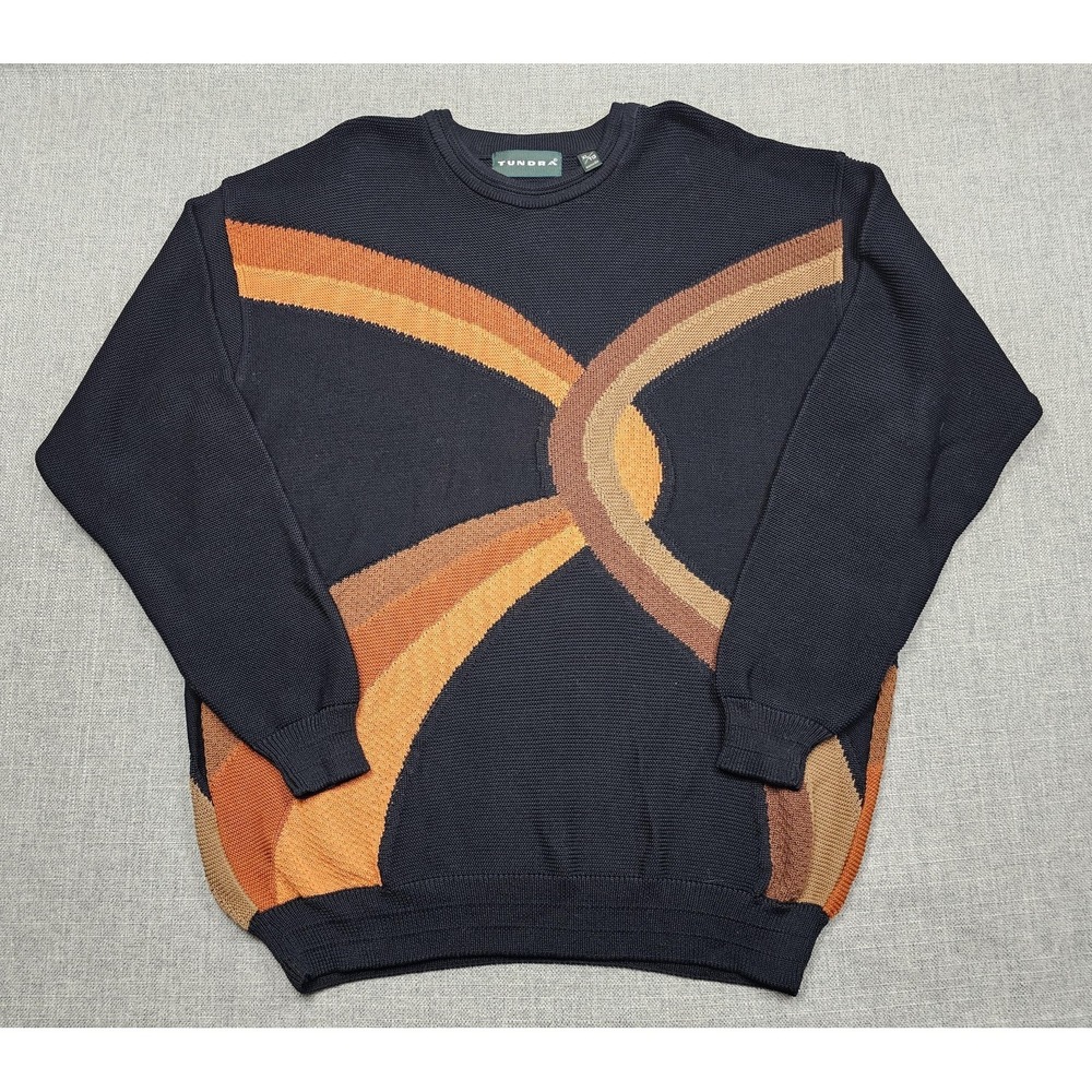 VINTAGE Tundra Sweater Mens XL Blue Geometric Knit Crewneck Pullover Canada 90s‎